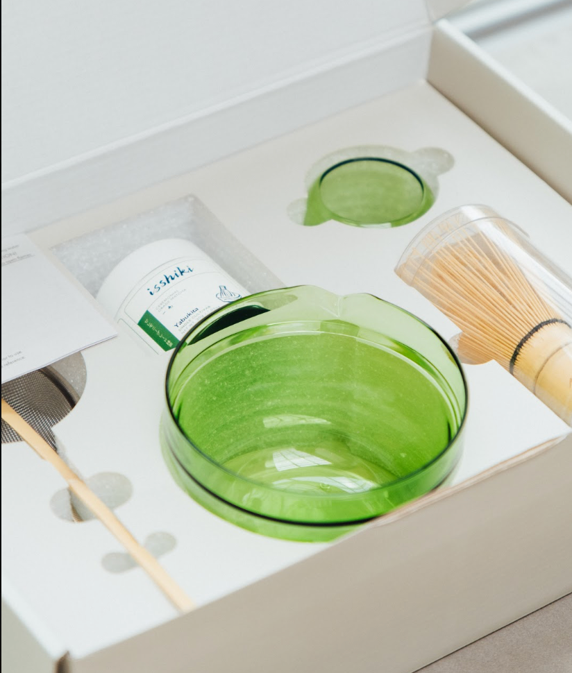 Isshiki x Hario Yabukita Tin Matcha Set cup with green glass bowl, bamboo whisk on Tampa Home & Garden Store