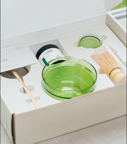 5-piece matcha cup set from Isshiki x Hario Samidori Tin with green glass bowl and whisk on Tampa Home & Garden Store