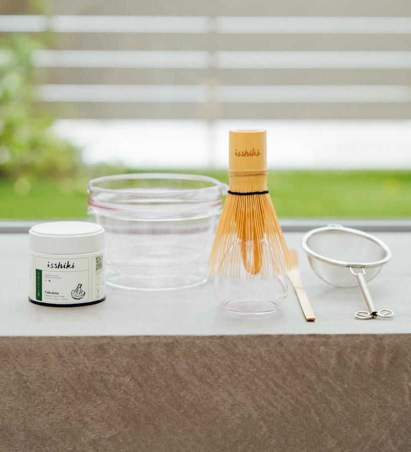 Isshiki x Hario Yabukita Tin Matcha Set cup with bamboo chasen whisk, matcha tin, and tea sieve on Tampa Home & Garden Store