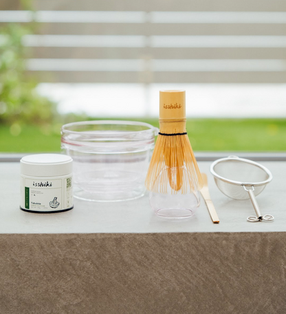 Isshiki x Hario Yabukita Tin Matcha Set cup with bamboo chasen whisk, matcha tin, and tea sieve on Tampa Home & Garden Store