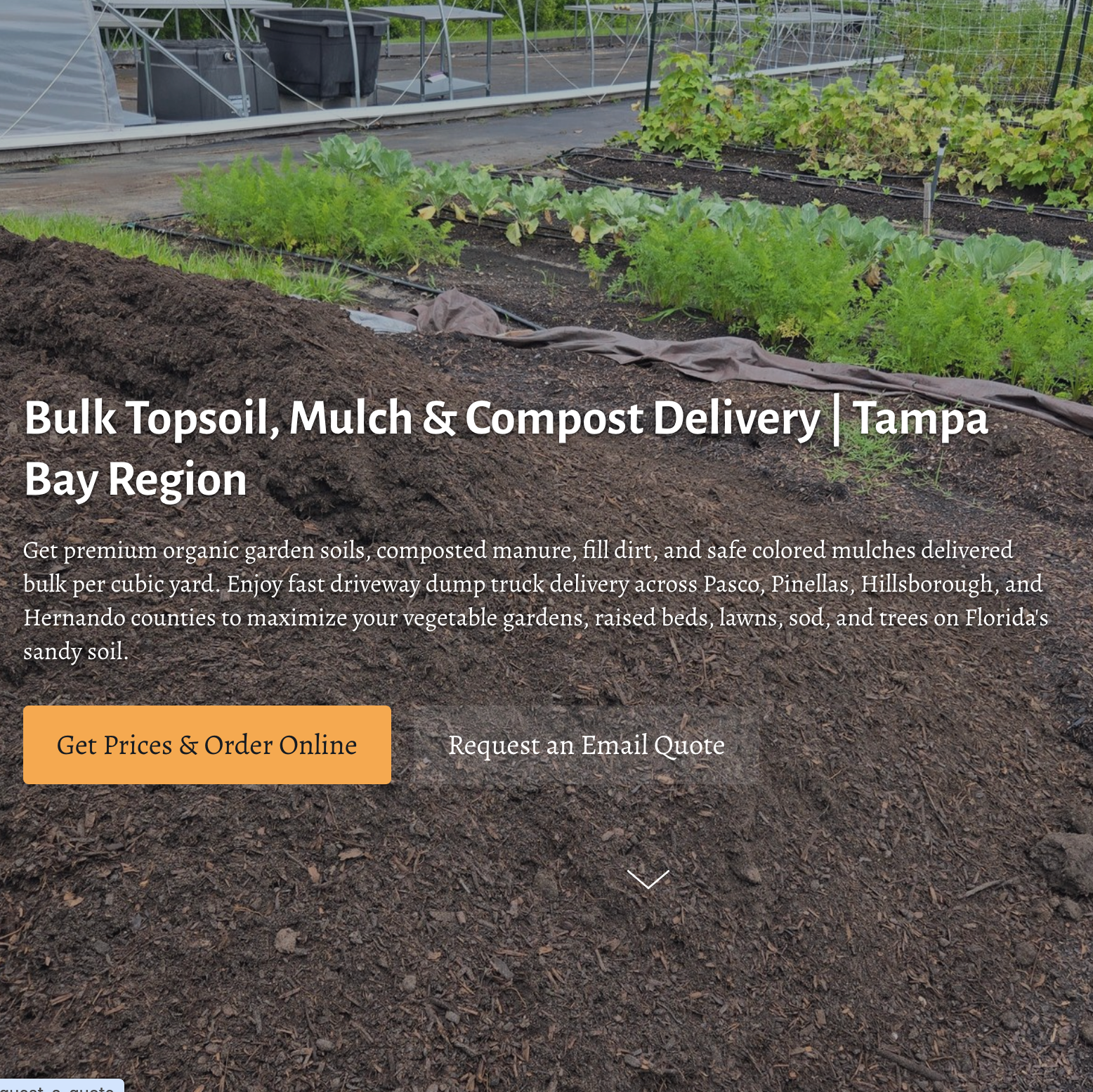 Garden bed with text overlay about bulk topsoil, mulch, and compost delivery in the Tampa Bay Region.