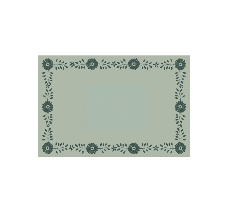 Josephine Daisy Paper Placemat Pad pale sage placemat with teal floral border Pavilion Paper on Tampa Home & Garden Store