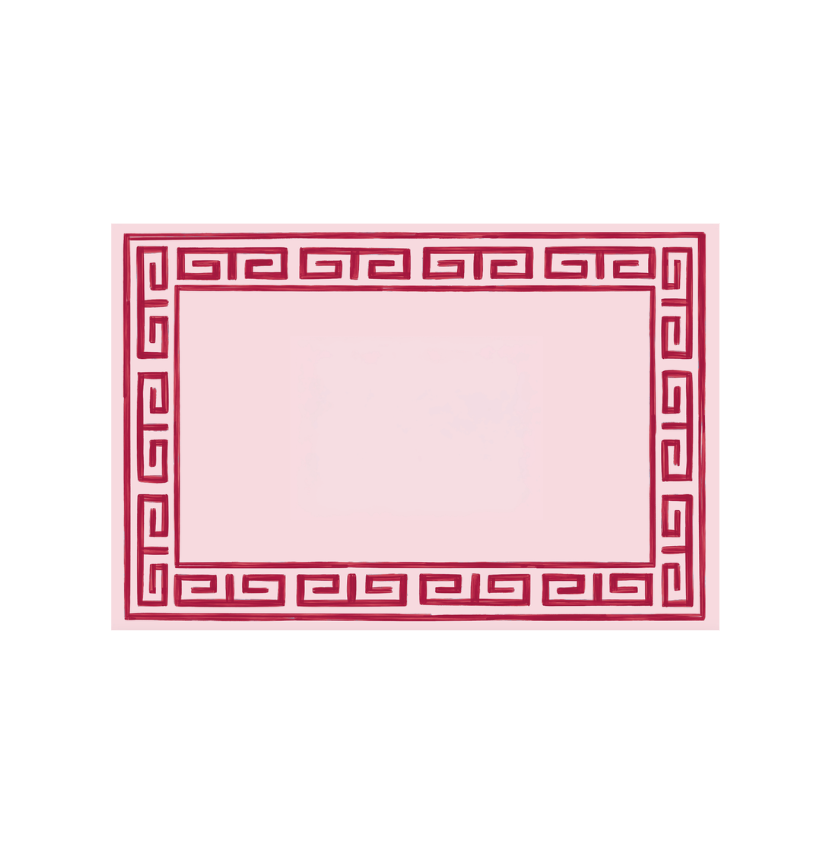 Pavilion Sky and Navy Greek Key placemat, pink background with burgundy border on Tampa Home & Garden Store