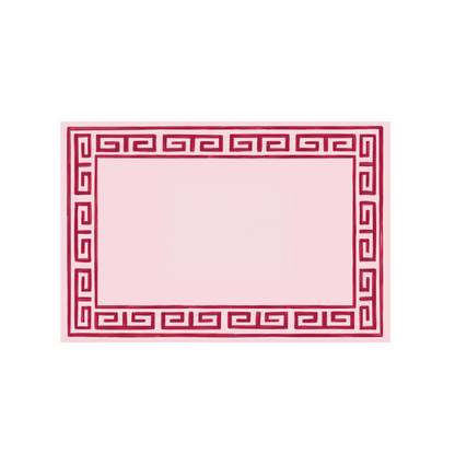 Pavilion Sky and Navy Greek Key placemat, pink background with burgundy border on Tampa Home & Garden Store