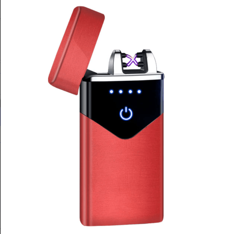 Stevvex dual-arc USB electric lighter with LED screen, red metal windproof lighter on Tampa Home & Garden Store