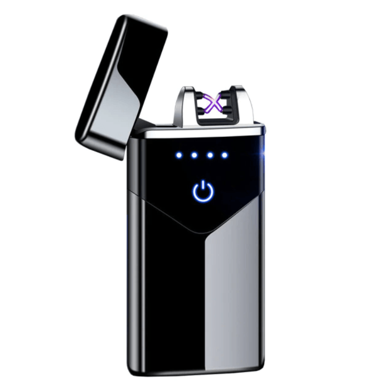 Modern dual arc USB electric touch lighter with LED screen, black metal body by Stevvex on Tampa Home & Garden Store