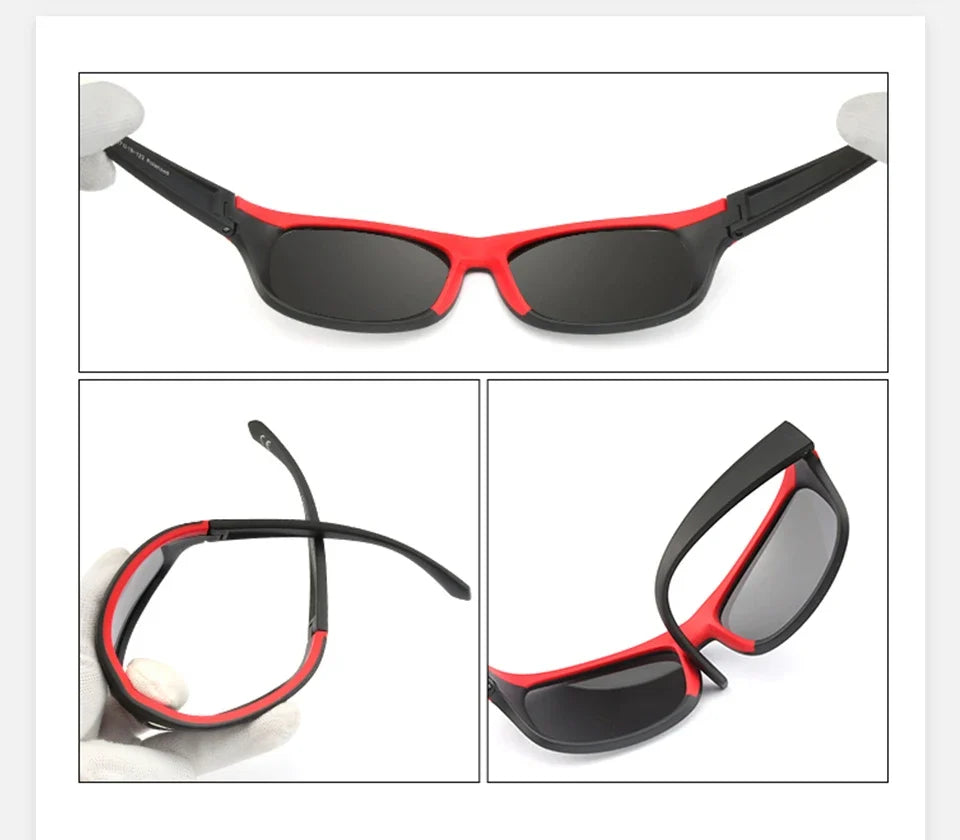 BikerZoneZ polarized sunglasses red and black frame with UV400 dark lenses, three-view collage on Tampa Home & Garden Store