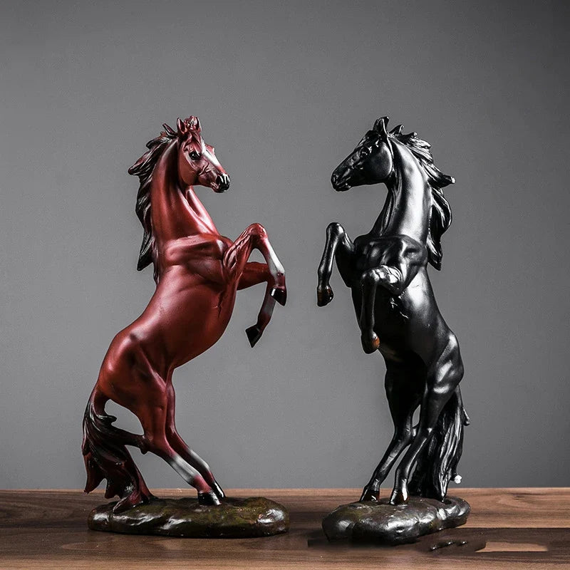 European style horse sculpture pair in red and black resin, rearing desktop decor by Perfecsy on Tampa Home & Garden Store