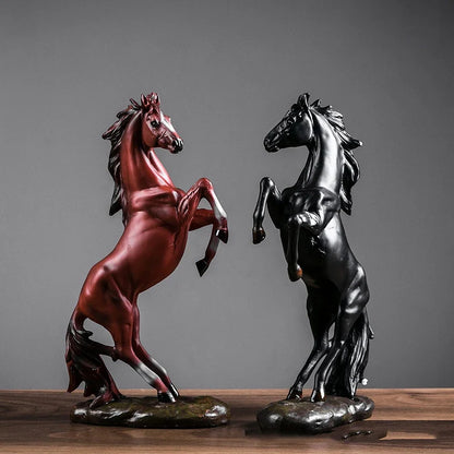 European style horse sculpture pair in red and black resin, rearing desktop decor by Perfecsy on Tampa Home & Garden Store