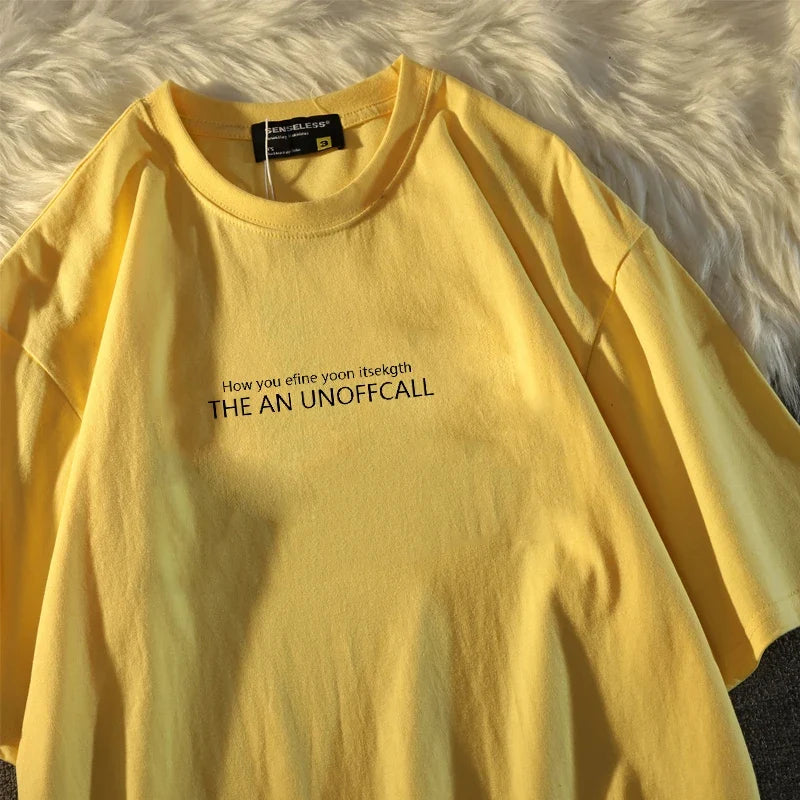 Men's yellow summer T-shirt with black letter print by UpTrend Deals, short sleeves on Tampa Home & Garden Store