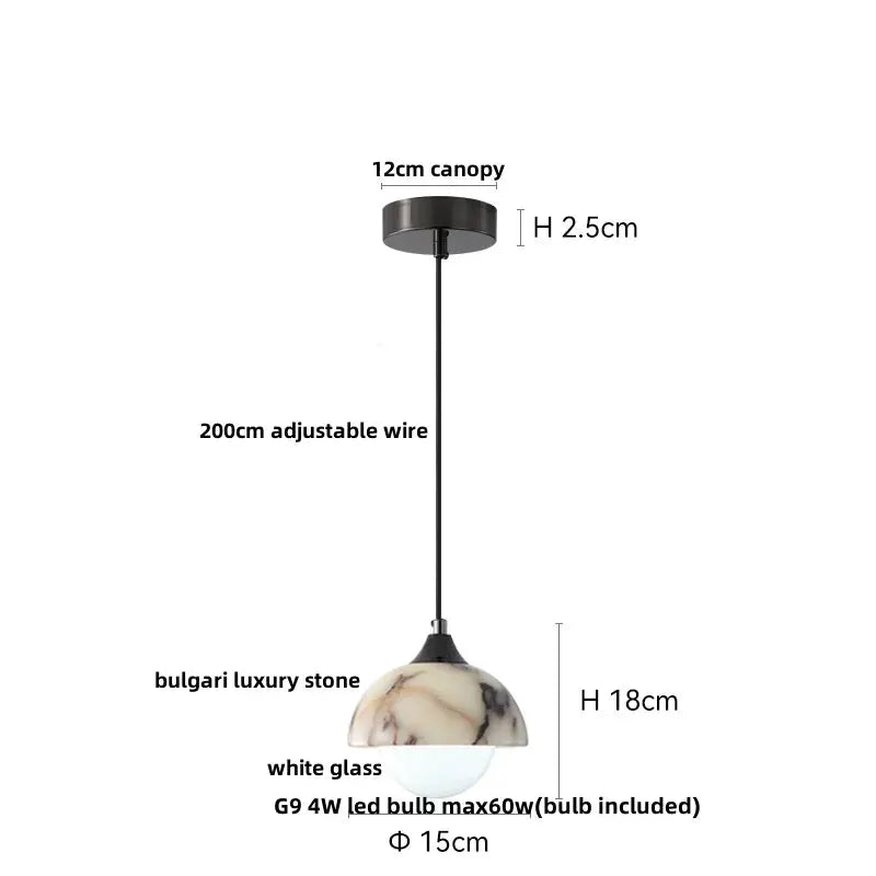 DecorBites LED Pendant Lamp adjustable wire globe, Bulgari luxury stone, white glass on Tampa Home & Garden Store
