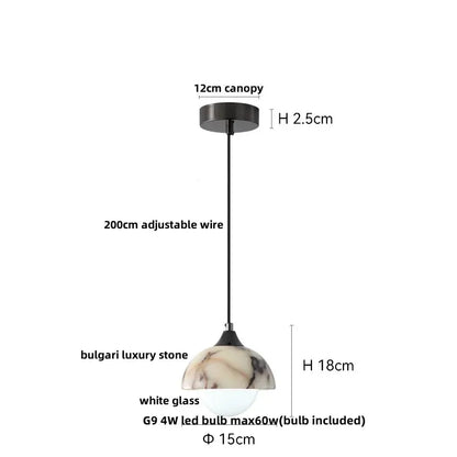 DecorBites LED Pendant Lamp adjustable wire globe, Bulgari luxury stone, white glass on Tampa Home & Garden Store