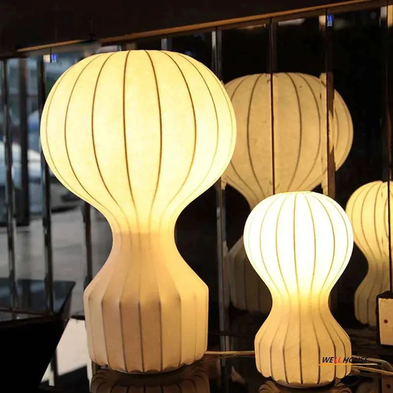 DecorBites LED fabric floor lamp pair, cream-white ribbed hourglass shades, modern decor on Tampa Home & Garden Store
