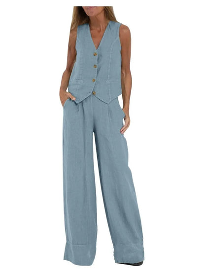 Two-piece women's sleeveless vest and wide-leg pants set in light blue by UpTrend Deals on Tampa Home & Garden Store