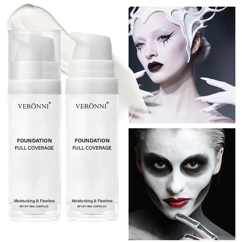Two white Veronni foundation bottles with full-coverage makeup and gothic looks on Tampa Home & Garden Store