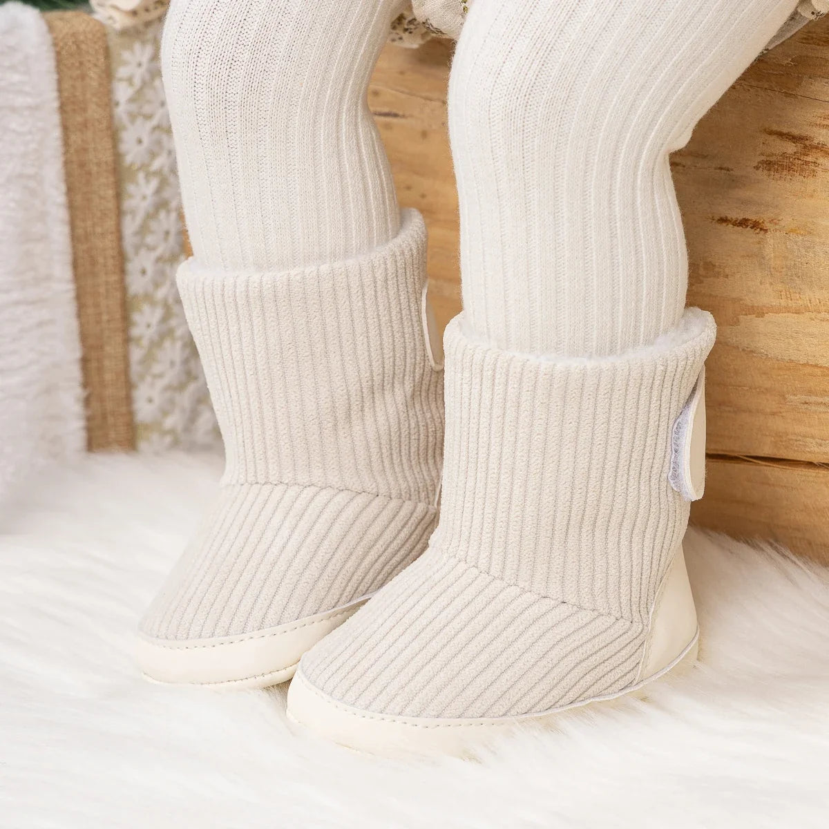 Newborn winter boots cream corduroy booties with ribbed knit cuffs UpTrend Deals pair on Tampa Home & Garden Store