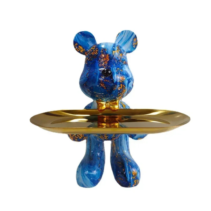 Graffiti blue bear ornament figurine holding a gold tray, 21cm Perfecsy decor on Tampa Home & Garden Store