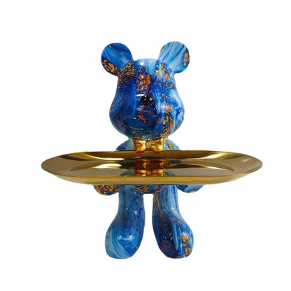 Graffiti blue bear ornament figurine holding a gold tray, 21cm Perfecsy decor on Tampa Home & Garden Store