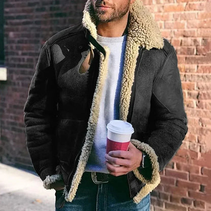 Mens winter jacket UpTrend black shearling biker coat with beige sherpa lining stand collar on Tampa Home & Garden Store