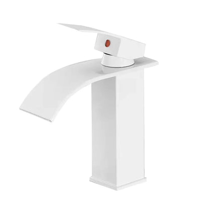 White waterfall faucet with curved spout and single-handle lever on square base, vessel sink tap on Tampa Home & Garden Store