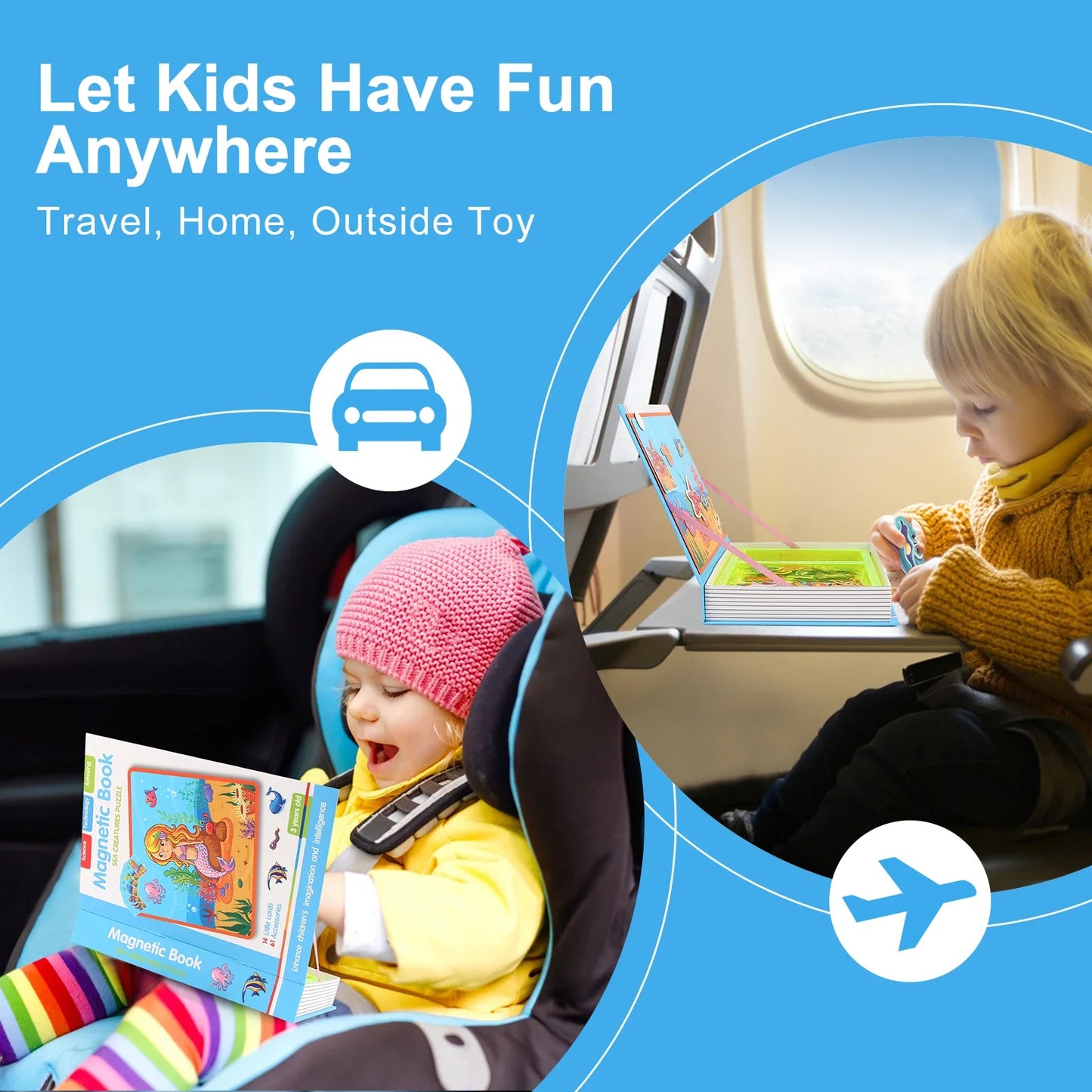 Kids magnetic puzzle book for travel, two children in car seats, bright blue design Perfecsy on Tampa Home & Garden Store