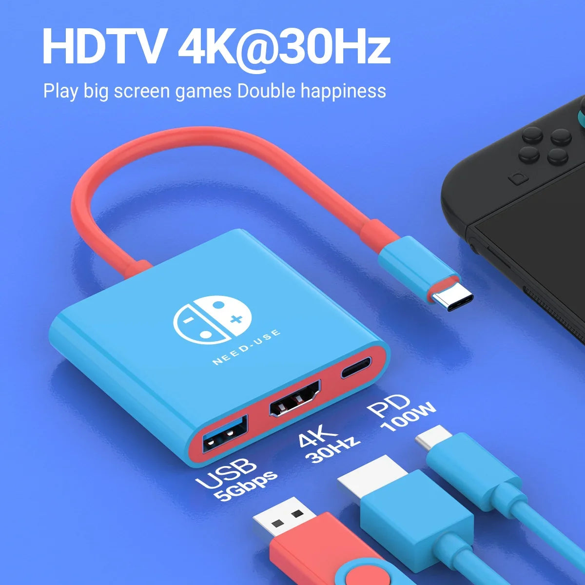 FLIPSTYLEZLLC blue 3-in-1 USB-C docking station with 4K HDMI, USB 3.0 hub, 100W PD for Switch on Tampa Home & Garden Store