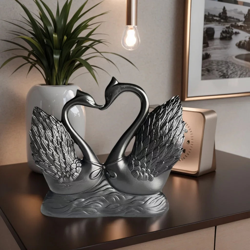 Heart-to-heart swan statue by Perfecsy, dark metallic finish decor for living room on Tampa Home & Garden Store