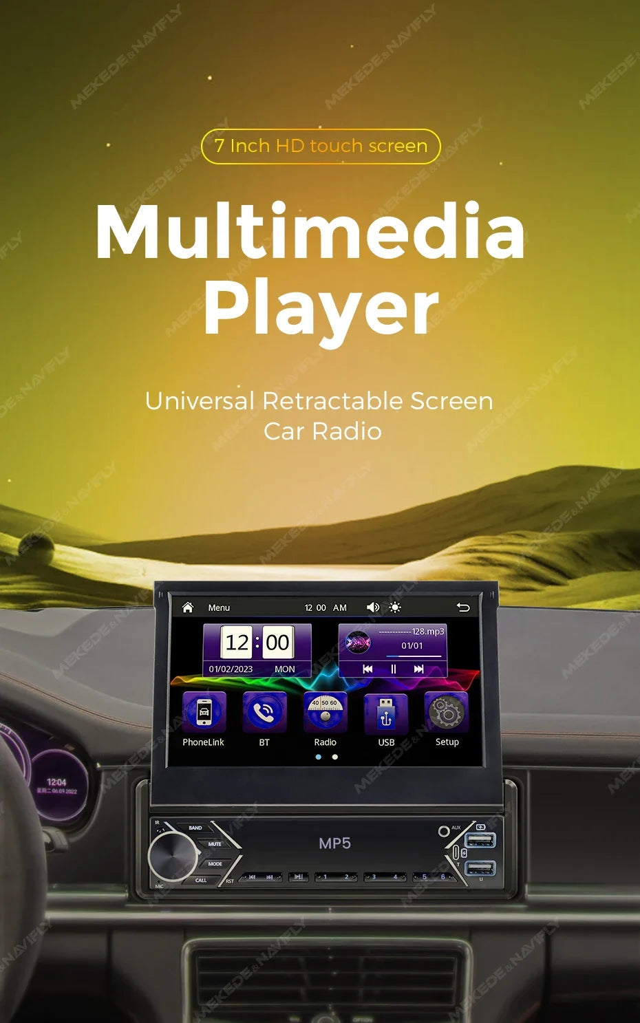 1-DIN 7in retractable car stereo with touch screen MP5 CarPlay, black unit on Tampa Home & Garden Store