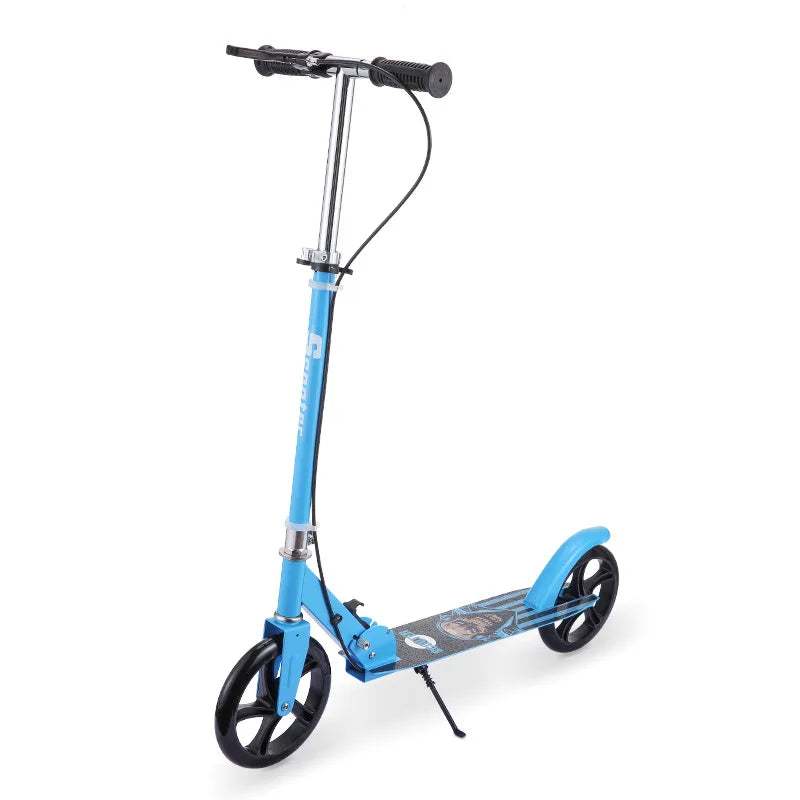 Foldable adult kick scooter blue frame handbrake patterned deck UpTrend Deals on Tampa Home & Garden Store