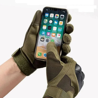 Tactical Sports Gloves Touch Design by BikerZoneZ olive-green motorcycle gloves grip a phone on Tampa Home & Garden Store