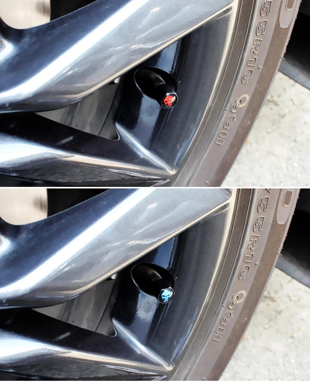 Anti-Theft Skull Valve Stem Caps by BikerZoneZ, set of 2 with blue and red skull designs on tire valve stems on Tampa Home & Garden Store