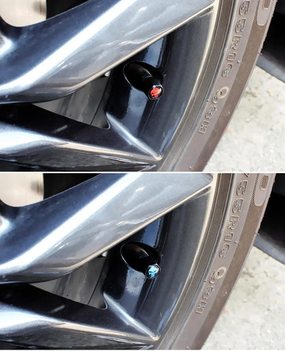 Anti-Theft Skull Valve Stem Caps by BikerZoneZ, set of 2 with blue and red skull designs on tire valve stems on Tampa Home & Garden Store