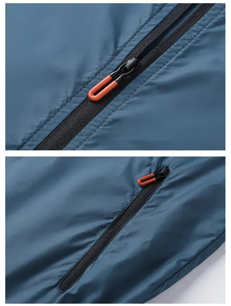 Men Sunscreen Jacket zipper close-up in blue, breathable waterproof fabric by UpTrend Deals on Tampa Home & Garden Store