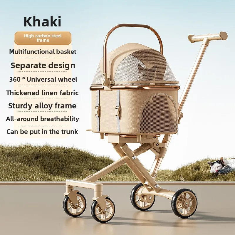 Pet Zen 3-in-1 khaki pet stroller with detachable carrier, foldable frame and mesh basket on Tampa Home & Garden Store