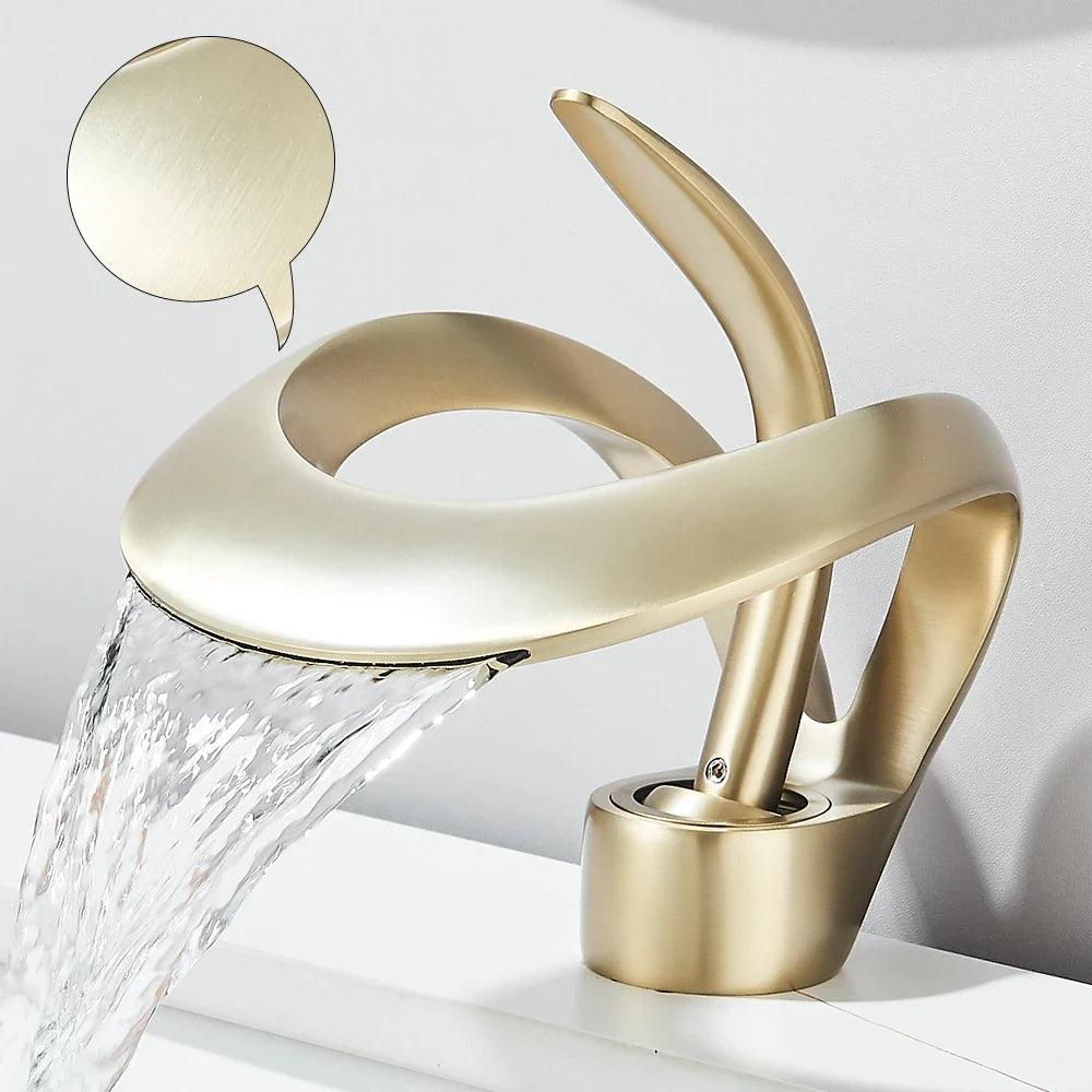 Solid brass waterfall basin faucet with gold finish, single-handle H/C for bathroom sink on Tampa Home & Garden Store