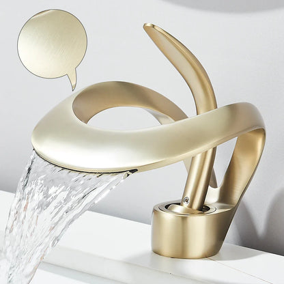 Solid brass waterfall basin faucet with gold finish, single-handle H/C for bathroom sink on Tampa Home & Garden Store