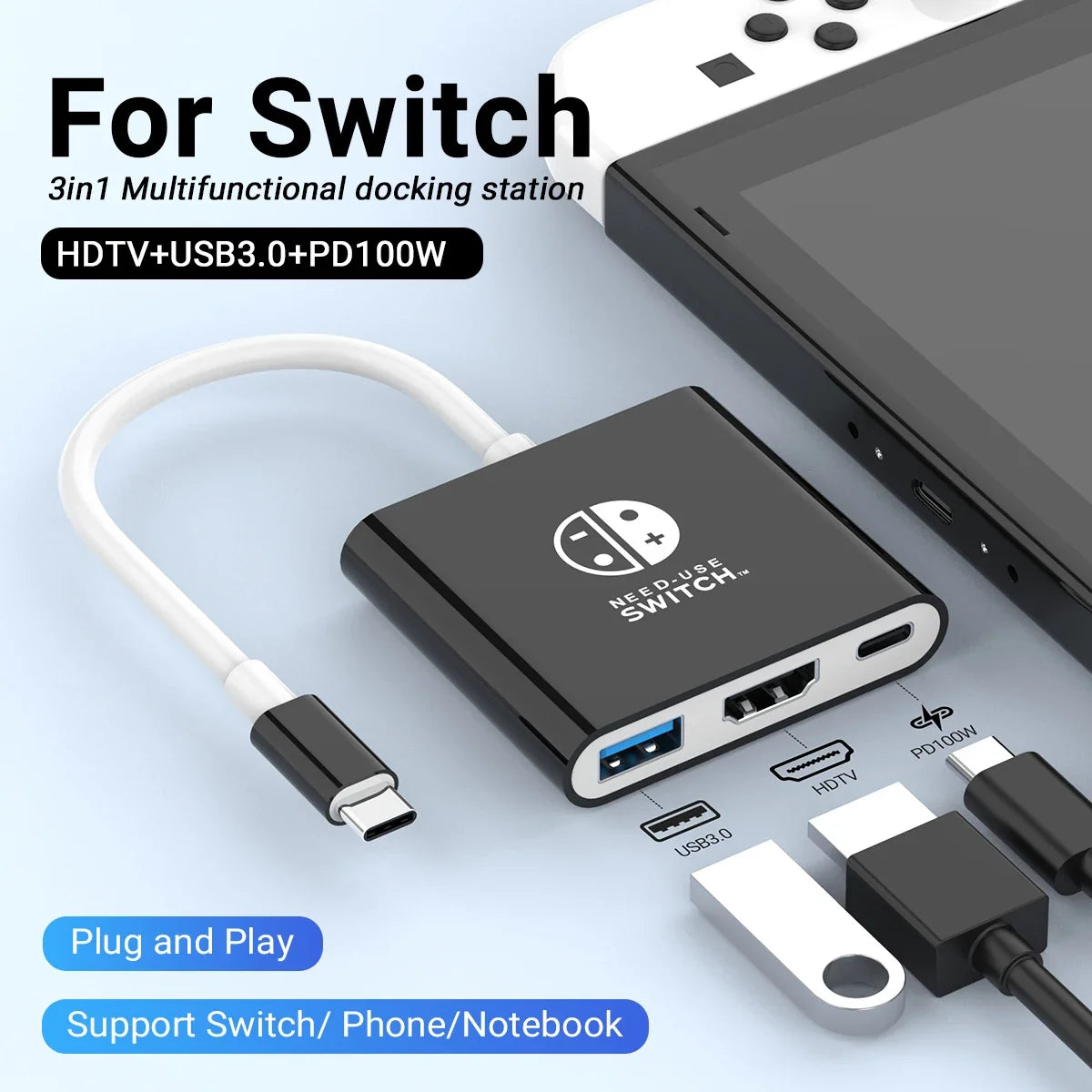 Black USB-C 3-in-1 docking station with 4K HDMI and 100W PD USB 3.0 hub for Switch, MacBook on Tampa Home & Garden Store