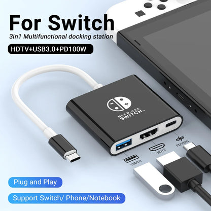 Black USB-C 3-in-1 docking station with 4K HDMI and 100W PD USB 3.0 hub for Switch, MacBook on Tampa Home & Garden Store