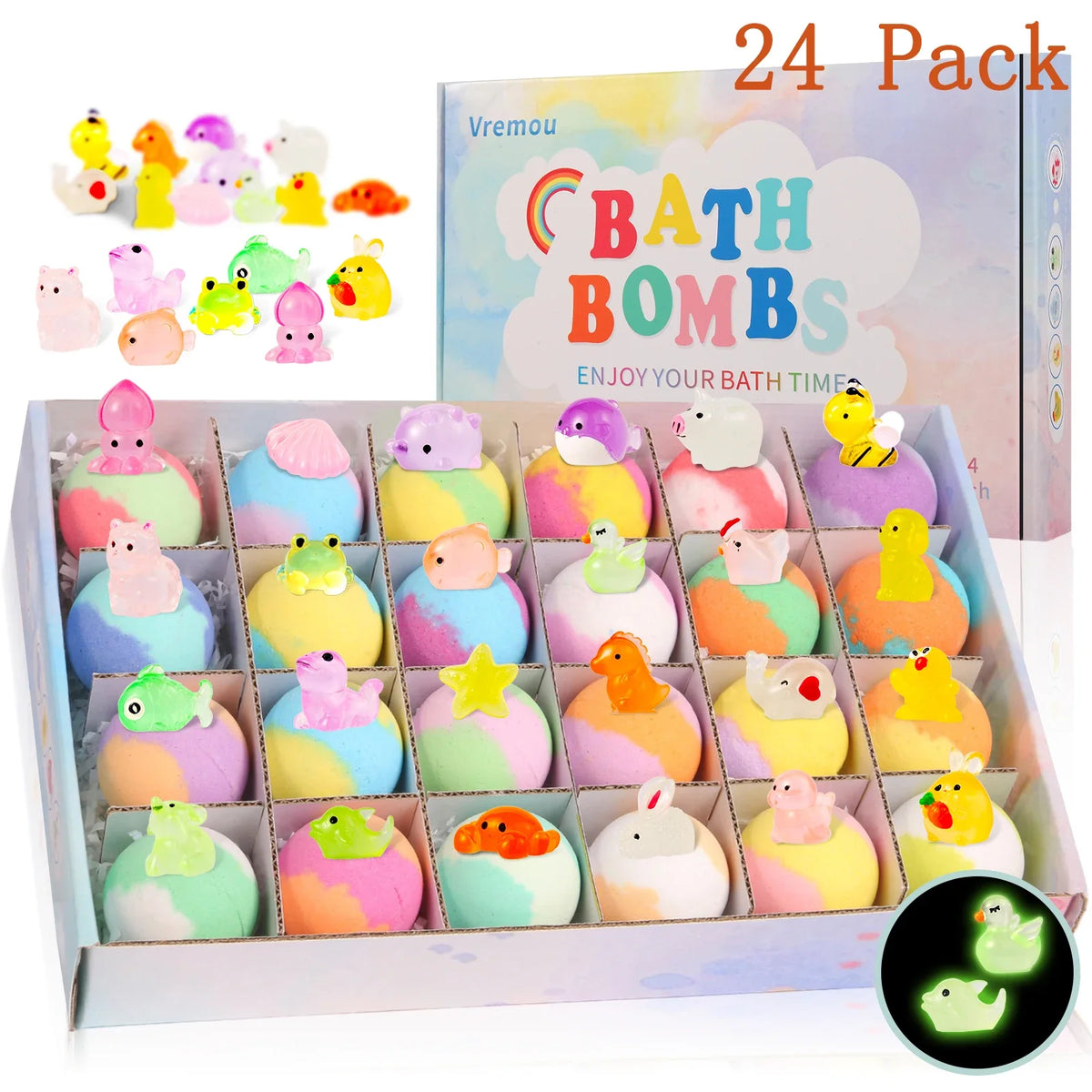 Silcy Skin 24-pack kids bath bombs with rainbow swirls and cute animal toppers on Tampa Home & Garden Store