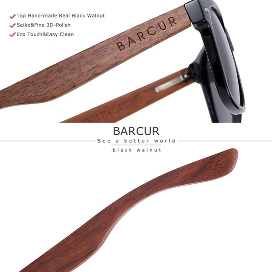 BARCUR natural wood polarized PC oval sunglasses with dark frame and wood grain temples on Tampa Home & Garden Store