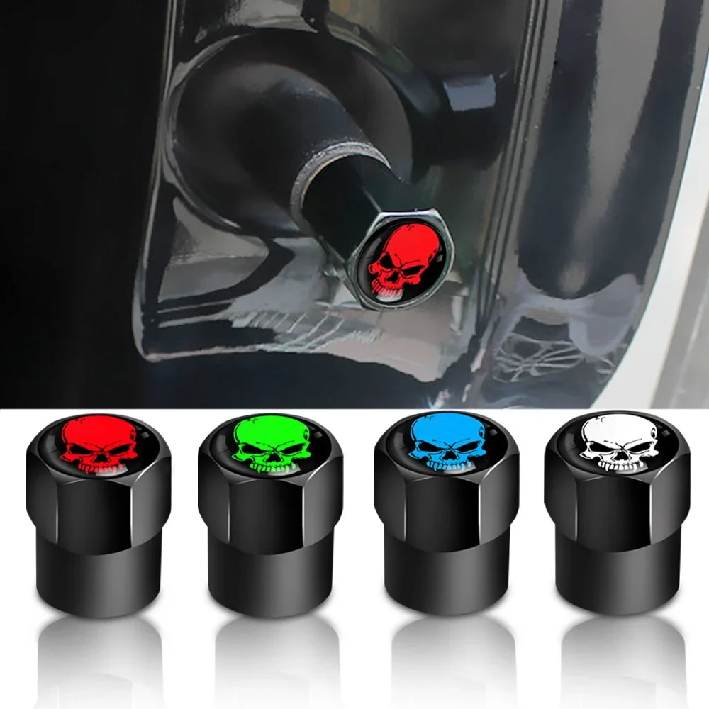 Valve stem caps 4 pcs set black metal with skull toppers red/green/blue/white BikerZoneZ on Tampa Home & Garden Store
