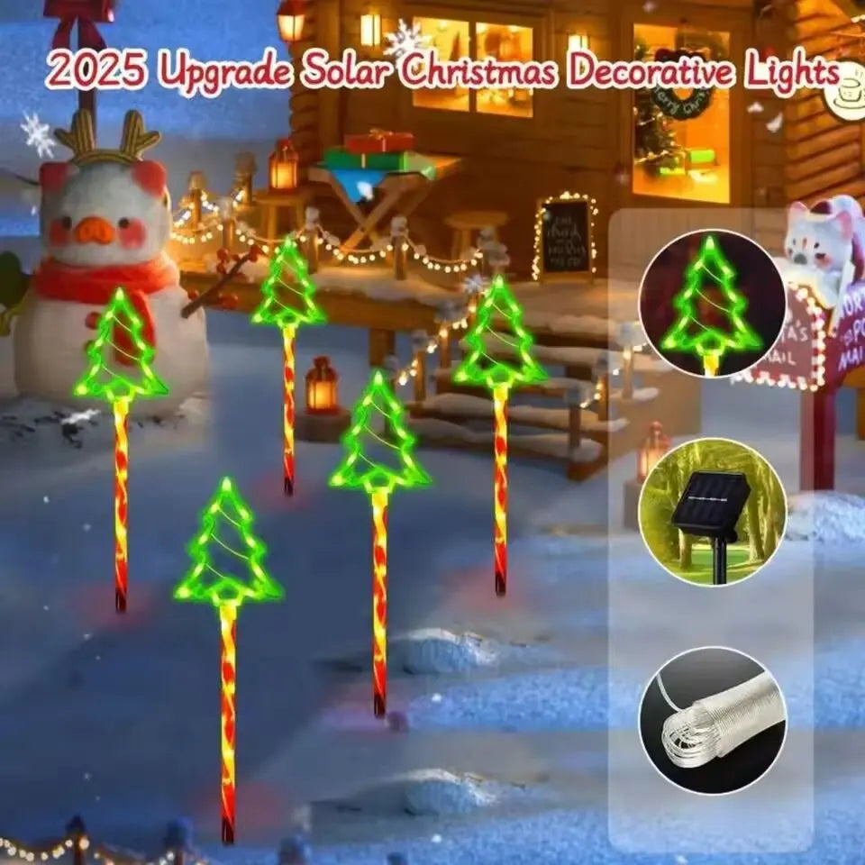 5pc solar candy cane Christmas tree stake lights with neon green tree tops for lawn decor on Tampa Home & Garden Store
