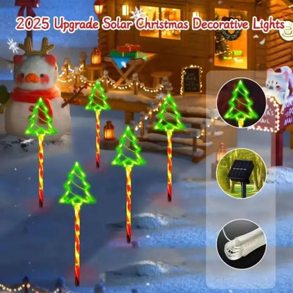 5pc solar candy cane Christmas tree stake lights with neon green tree tops for lawn decor on Tampa Home & Garden Store