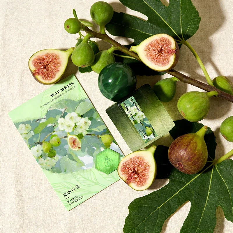 Rose perfume by Silcy Skin, green leaf-pattern box with jasmine scent amid figs on beige backdrop on Tampa Home & Garden Store
