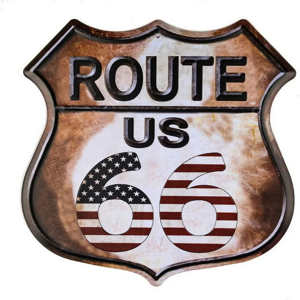 Route 66 shield metal tin sign with vintage rust finish and US flag 66 numerals by BikerZoneZ on Tampa Home & Garden Store