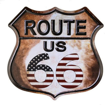 Route 66 shield metal tin sign with vintage rust finish and US flag 66 numerals by BikerZoneZ on Tampa Home & Garden Store