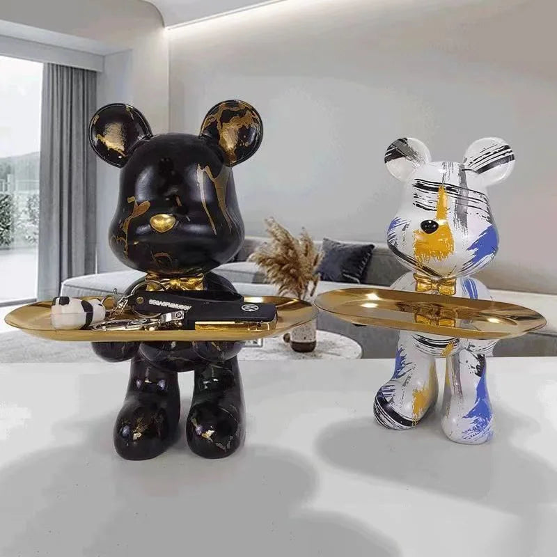 Graffiti bear figurines with gold key trays, black and white abstract decor, 2pcs on Tampa Home & Garden Store