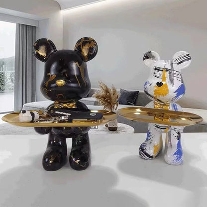 Graffiti bear figurines with gold key trays, black and white abstract decor, 2pcs on Tampa Home & Garden Store