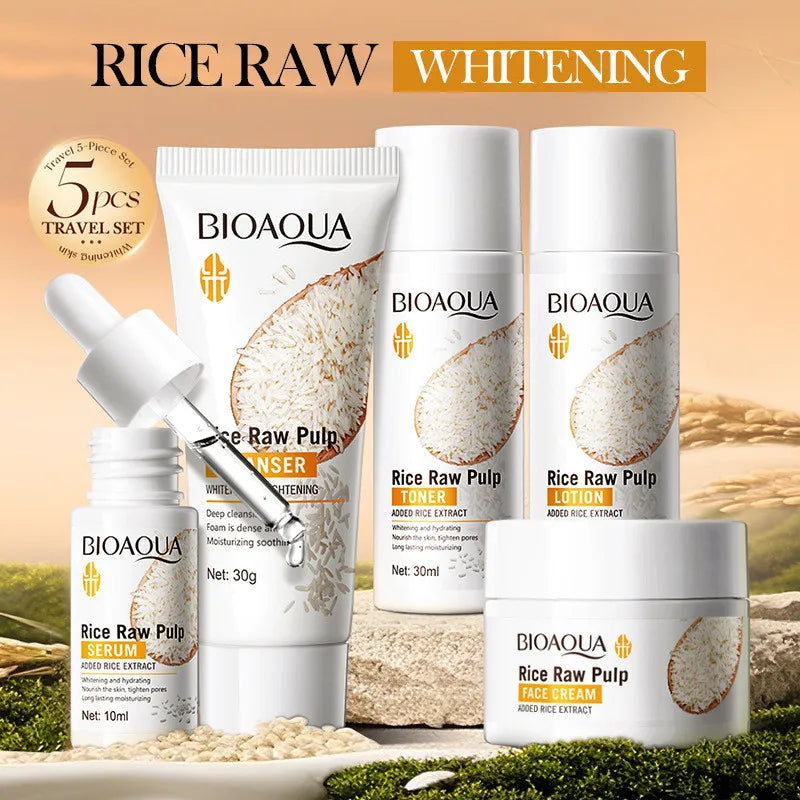 5-pcs BIOAQUA Rice Raw Pulp skincare set with cleanser, toner, essence, lotion, cream on Tampa Home & Garden Store