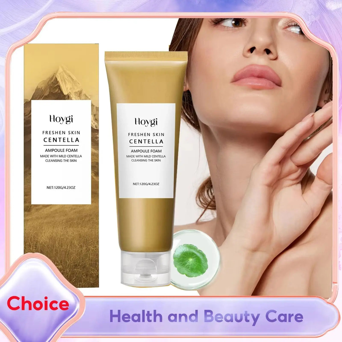 Centella ampoule foam cleanser in gold tube with matching box, model applying skincare on Tampa Home & Garden Store